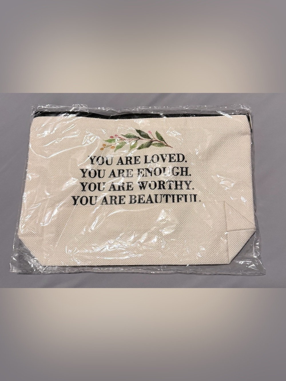 Canvas Quote Pouch - 'You Are Loved' - Cream with Floral Accent
